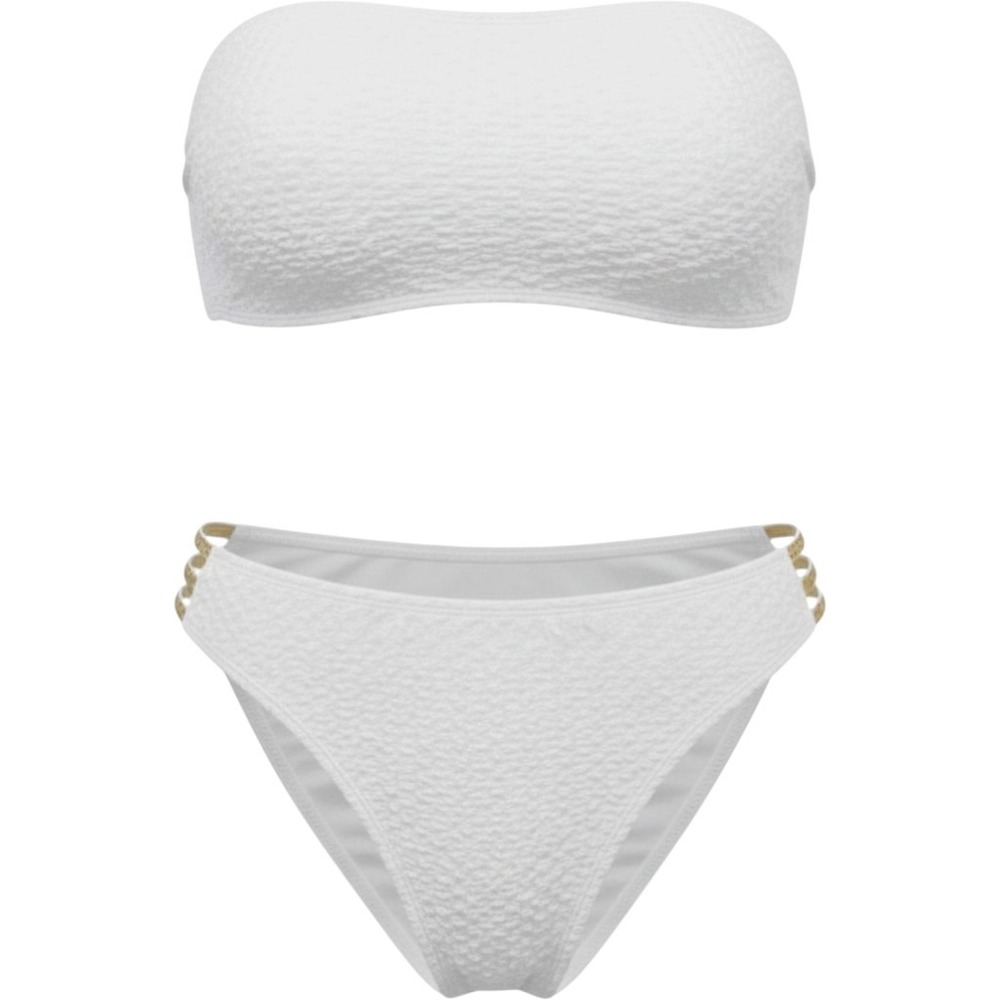 Cupshe Strapless Bandeau White Bikini Gold Details XL Textured Crinkle New